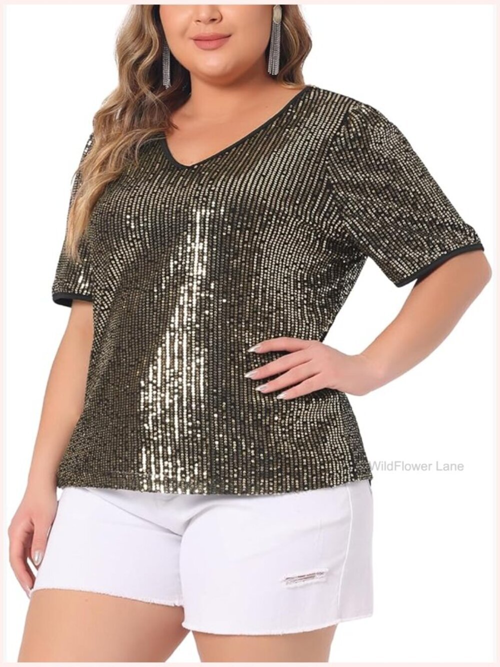 Plus Size Sequin Sparkly V Neck Short Sleeve Party Blouse Top